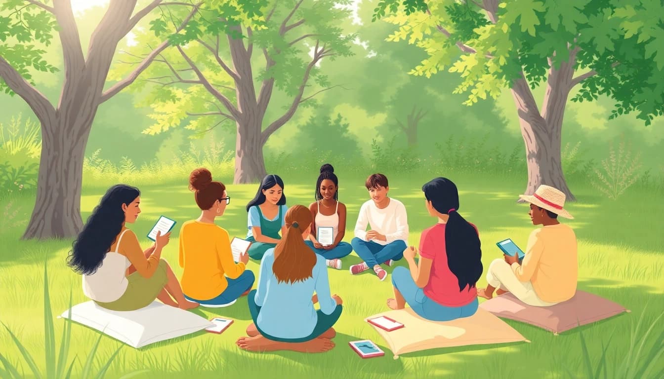 Participants engaging in open discussions for mental health awareness under natural sunlight.