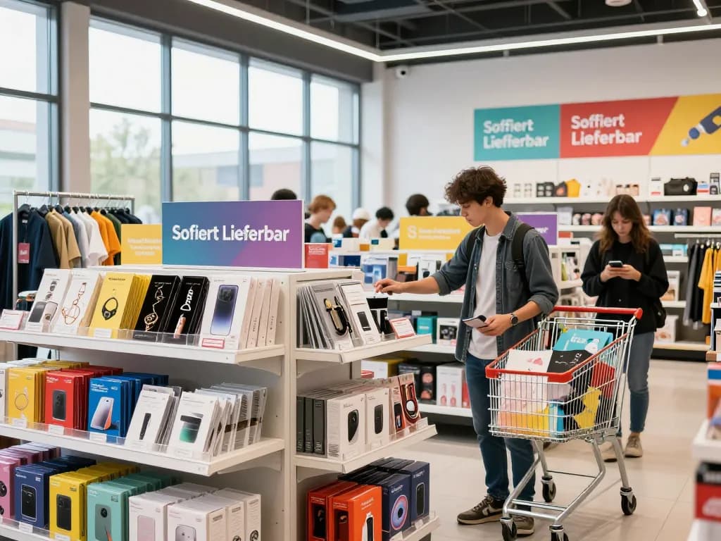 Einkaufszene mit stilvollen, als Sofort Lieferbar gekennzeichneten Produkten in einer modernen Einzelhandelsumgebung.