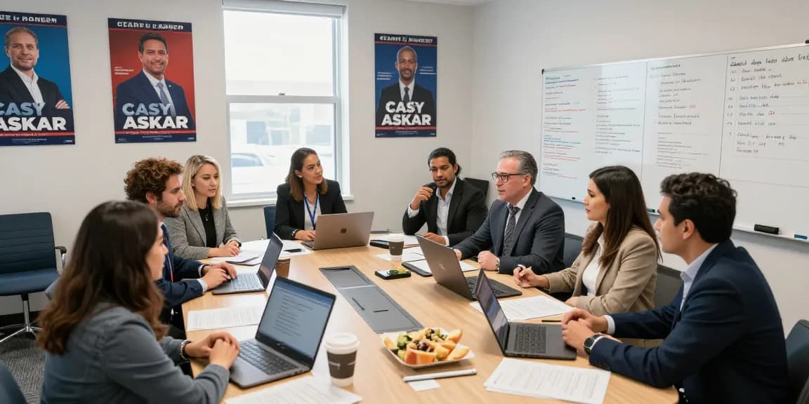 Casey Askar's political campaign team strategizing in a modern office environment.
