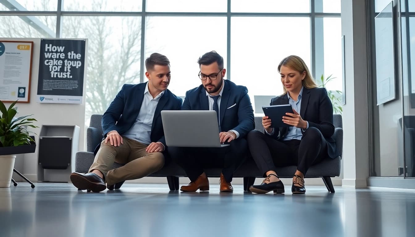IT Consulting team collaborating in a bright office setting with modern technology.