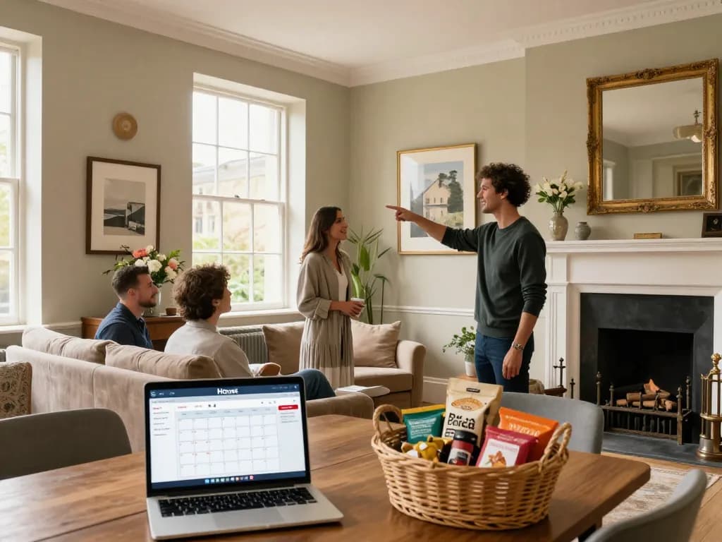 airbnb management bath welcoming host at Georgian townhouse with guests, showcasing property charm and professional service