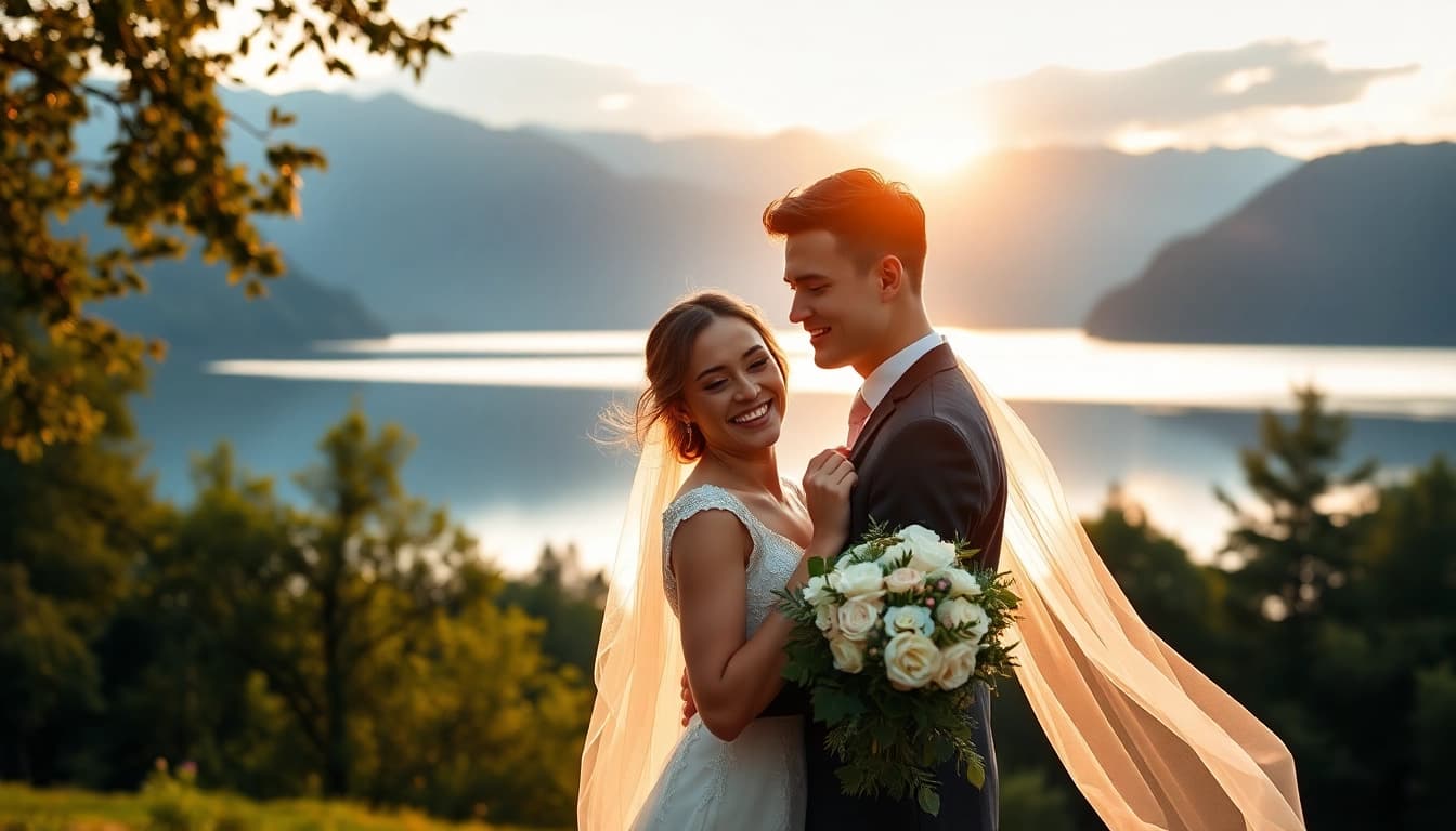 Hochzeitsfotograf Tegernsee fängt ein romantisches Paar am Seeufer bei Sonnenuntergang ein.