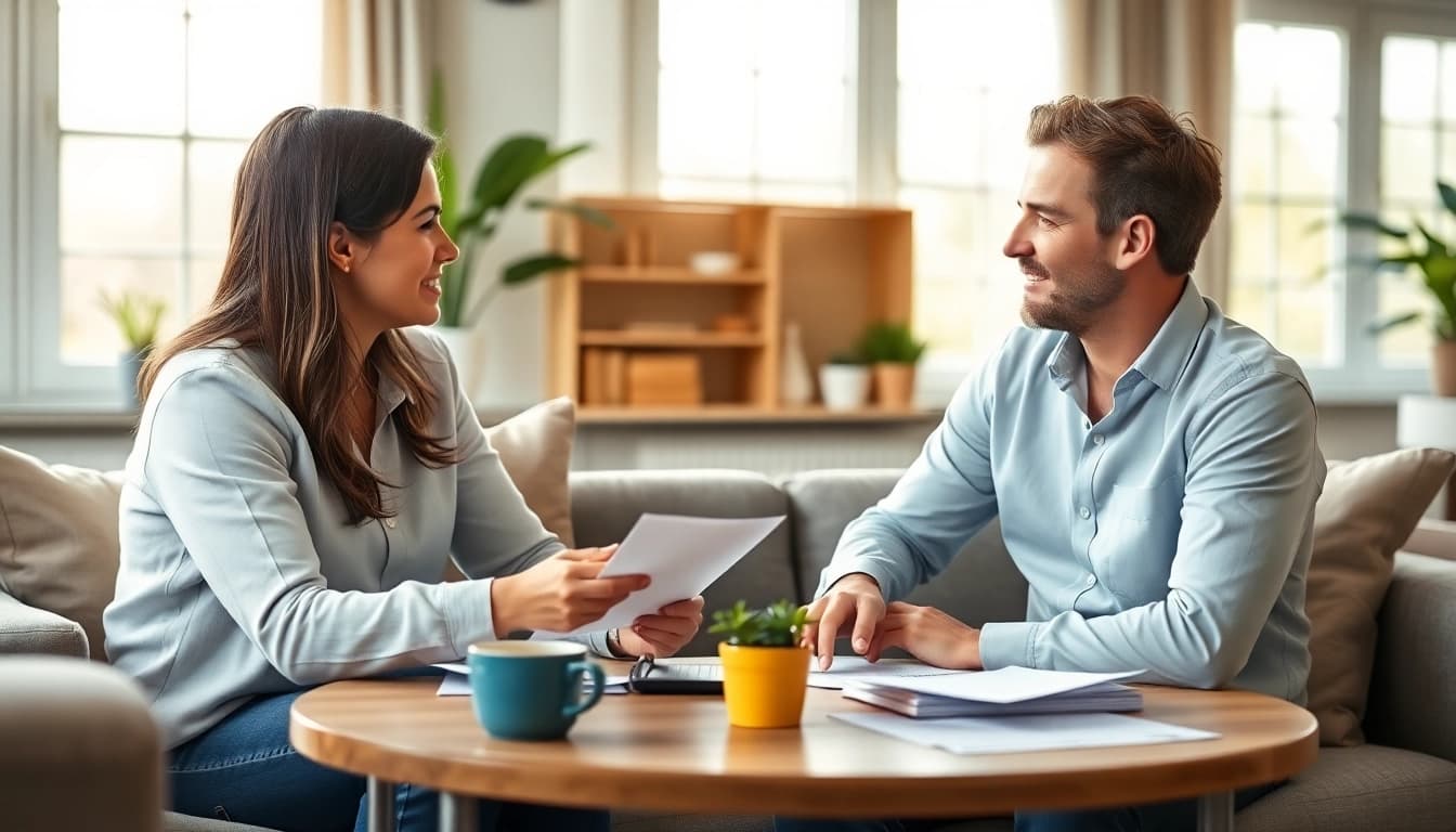 Hausverkauf bei Scheidung: Professionelles Paar bespricht den Verkauf ihres Hauses in einem modernen Wohnzimmer.