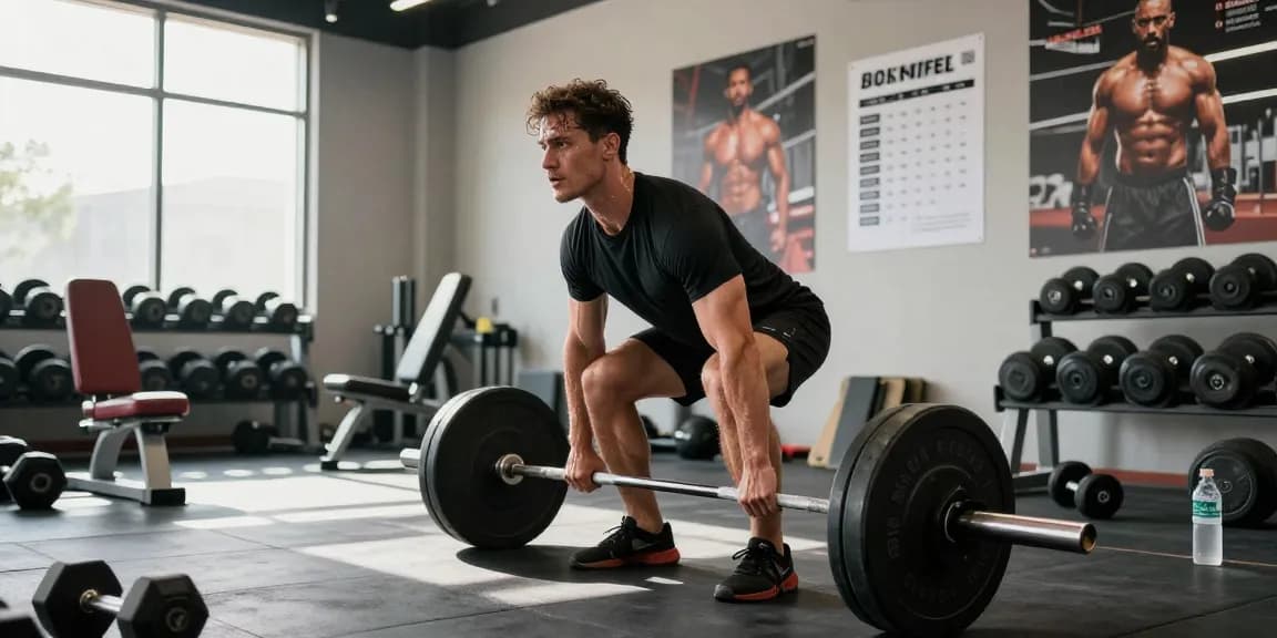 Mann hebt Gewichte in einem lebhaften Fitnessstudio und zeigt Prime Pharma Steroide für effektive Fitnessziele.