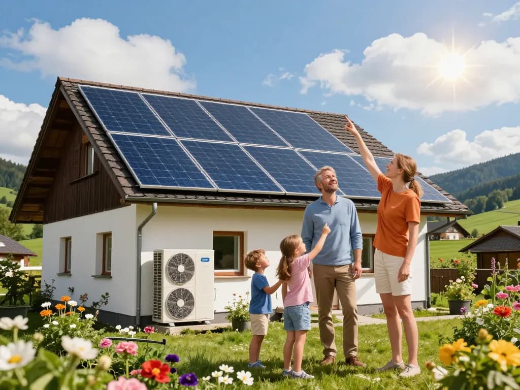 Photovoltaik Bayern - Familie genießt Solarenergie in ihrem Garten mit Photovoltaik-Panels und Wärmepumpe in Bayern.