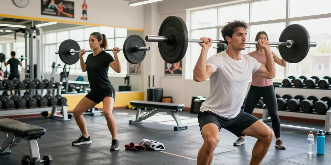 Training im Selliza Shop: Athleten heben Gewichte in einem modernen Fitnessstudio mit motivierender Atmosphäre.