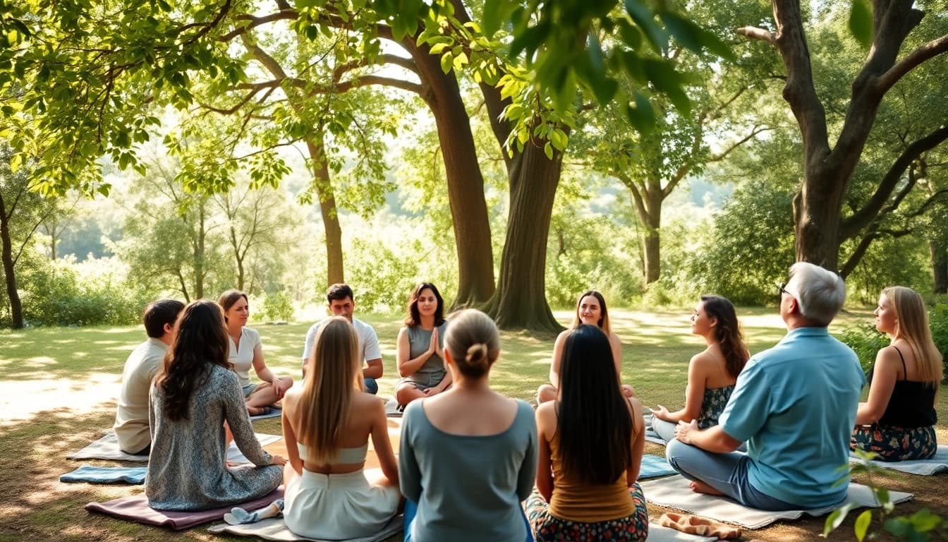 Spirituelle Seminare in der Natur, Teilnehmer in Meditationshaltung umgeben von Bäumen.