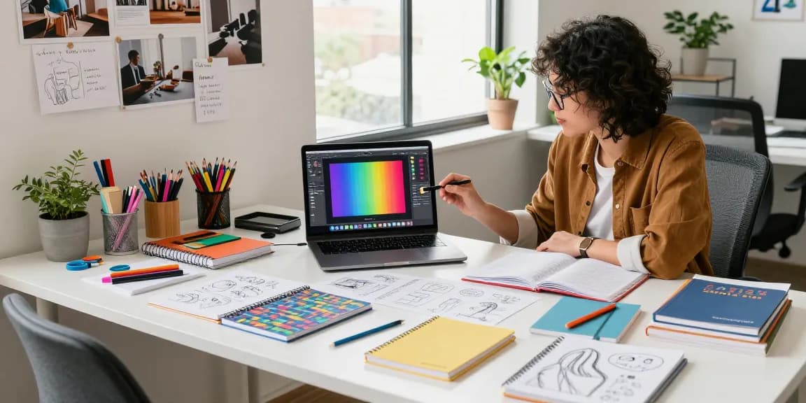 Colorful custom printed notebooks on a creative workspace desk, showcasing vibrant designs and artistic elements.