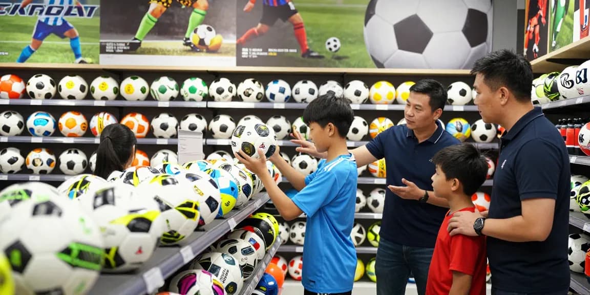 Fußball online shop mit hochwertigen Bällen und lebendiger Verkaufsatmosphäre für angehende Fußballstars.