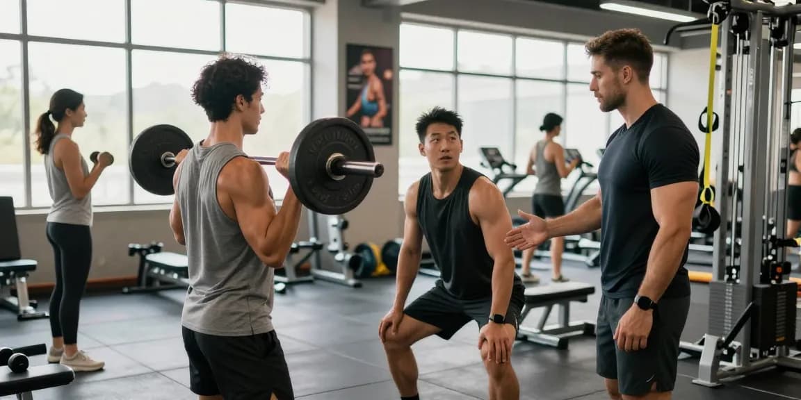 Aktivitäten im Astera Shop Fitnessstudio, Menschen beim Training mit Gewichten und Personal Trainer, helle und energetische Atmosphäre.