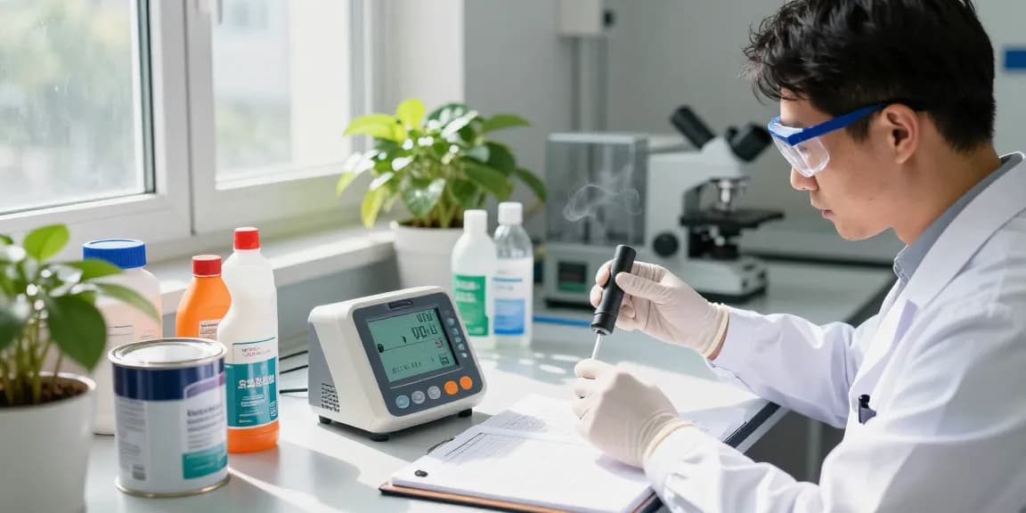 Ein VOC Gasmonitor wird in einem Labor von einem Forscher zur Luftqualitätsüberwachung genutzt, um flüchtige organische Verbindungen zu messen.