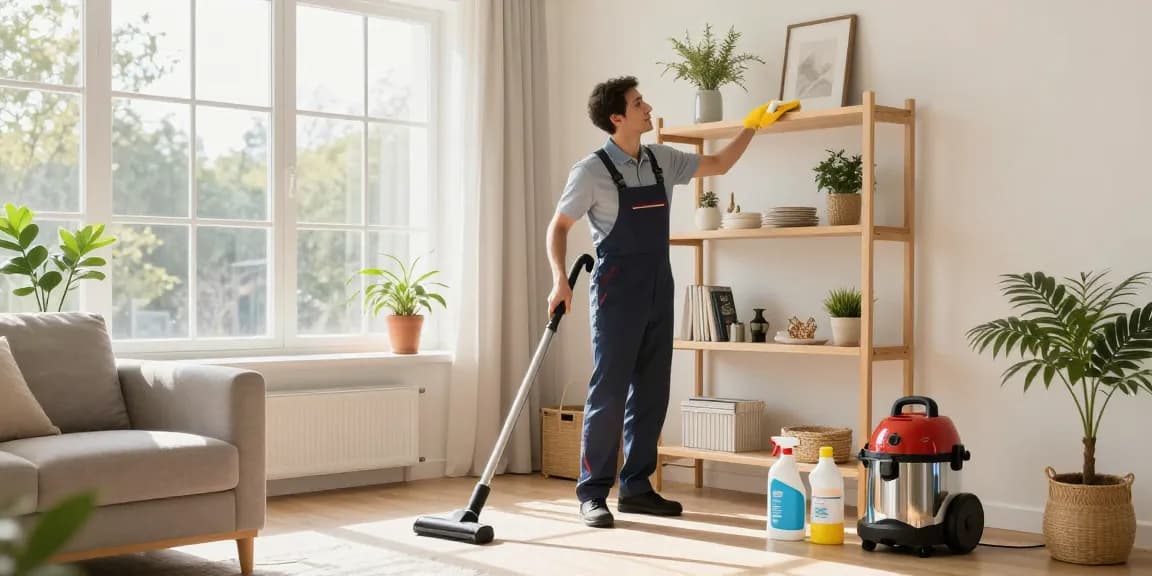 Expert residential cleaning service in action during wohnungsreinigung bern, showcasing a bright living room.
