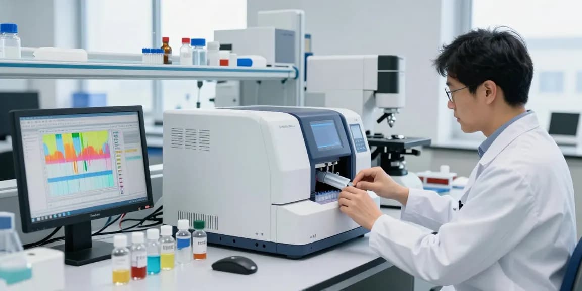 Aegean Labs Peptide testing scene showcasing high-performance liquid chromatography with scientist analyzing results.