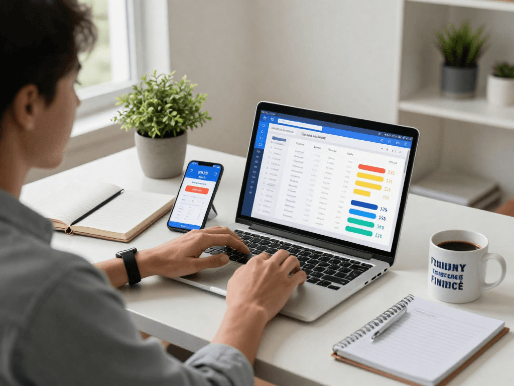 Individual analyzing debet financial data on a laptop in a sophisticated home office.