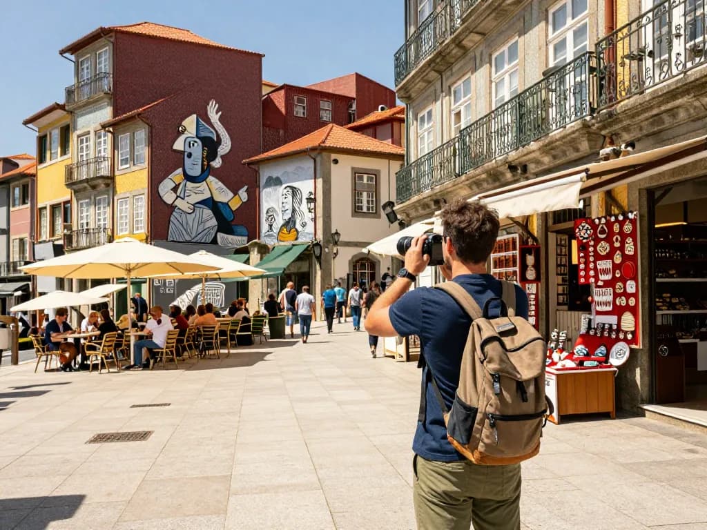 Reisetipps Porto: lebhafter Reisender erkundet bunte Straßen mit historischer Architektur