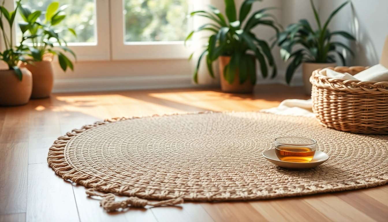 Nagermatte auf einem Holzfußboden mit Pflanzen und einer Teetasse für entspannende Atmosphäre