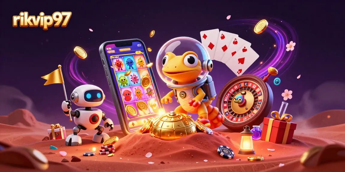 rikvip97 showcases a gecko exploring a Martian casino filled with vibrant games and golden delights.