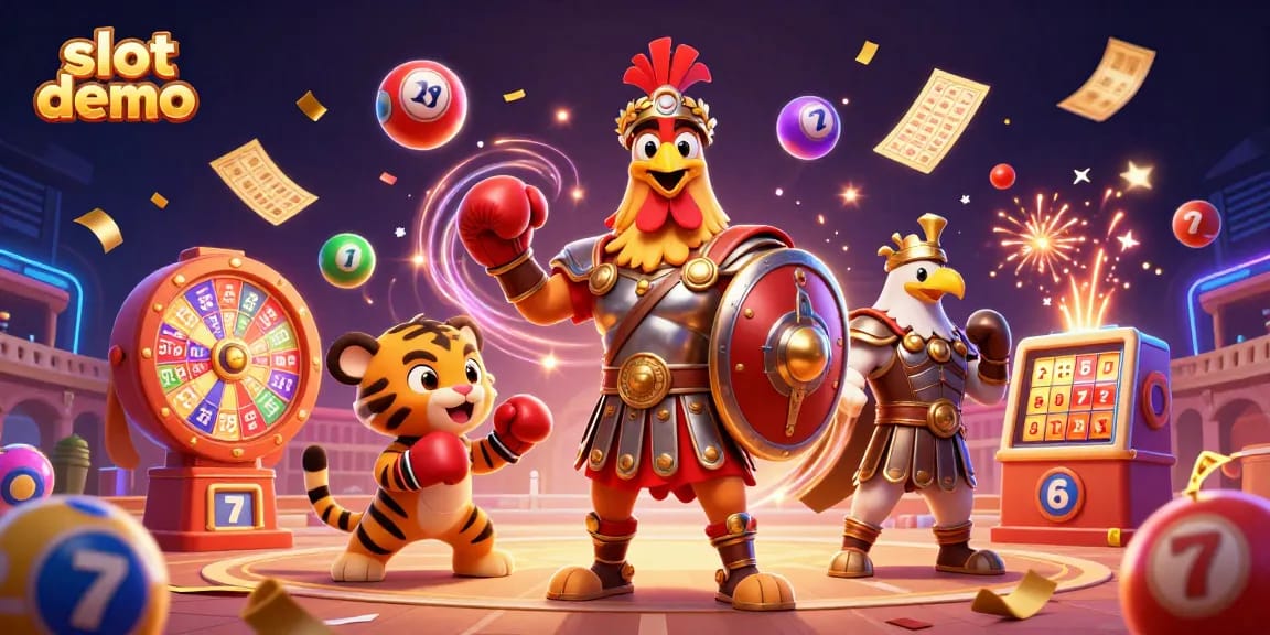 Slot demo yang menarik menampilkan karakter ayam jantan dan anak harimau di arena, dikelilingi bola lotere dan tiket emas.