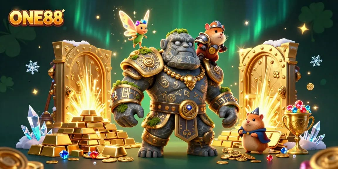 Engage with thrilling ONE88 gaming adventures through vibrant 3D characters and sparkling treasures.