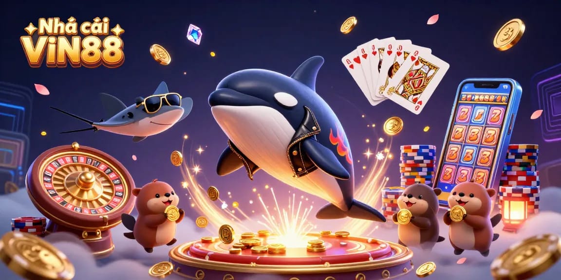 Join Nhà cái VIN88 for thrilling gaming with a spectacular scene of vibrant characters and casino elements.
