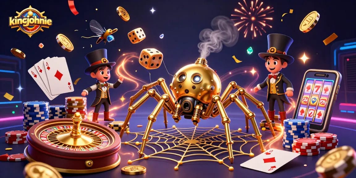 Spin and win with kingjohnnie as vibrant coins and jackpots fill the scene.