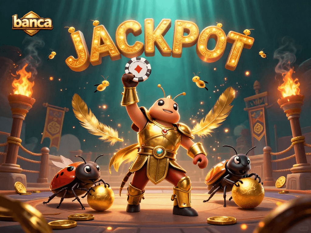 Banca players celebrating a jackpot victory with vibrant 3D beetle characters surrounded by gold coins.