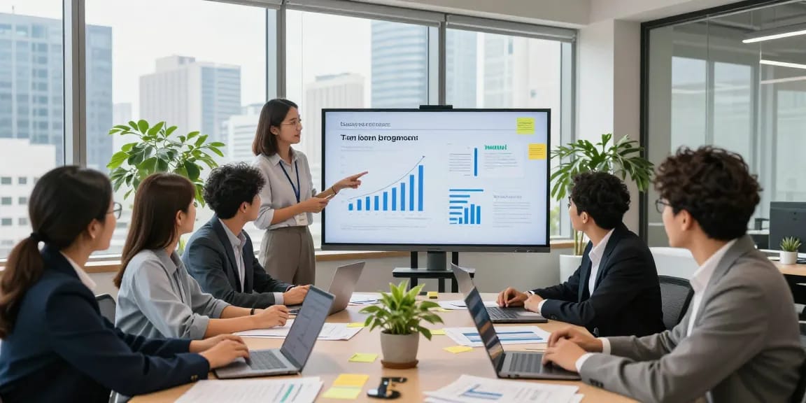 Team discussing joint venture loan program strategies in a modern office.