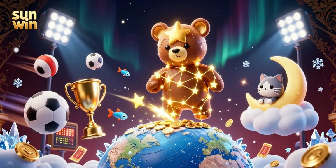 Experience the excitement of sun win with dynamic sports and casino elements in this vibrant scene.