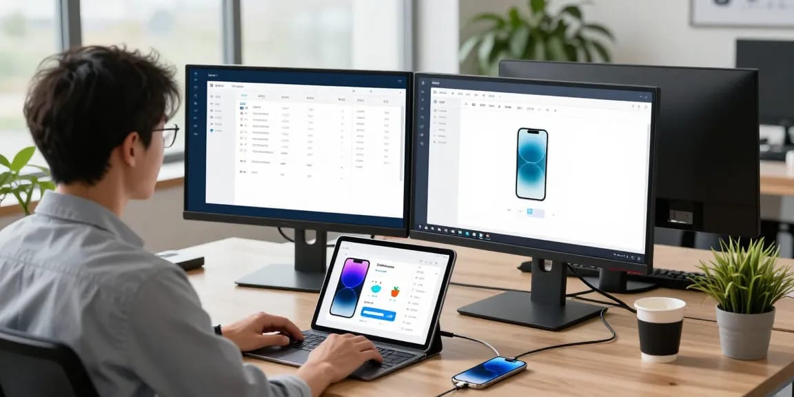 使用爱思助手软件管理iPhone的用户在现代办公室工作，显示器上展示诊断工具和数据管理界面。