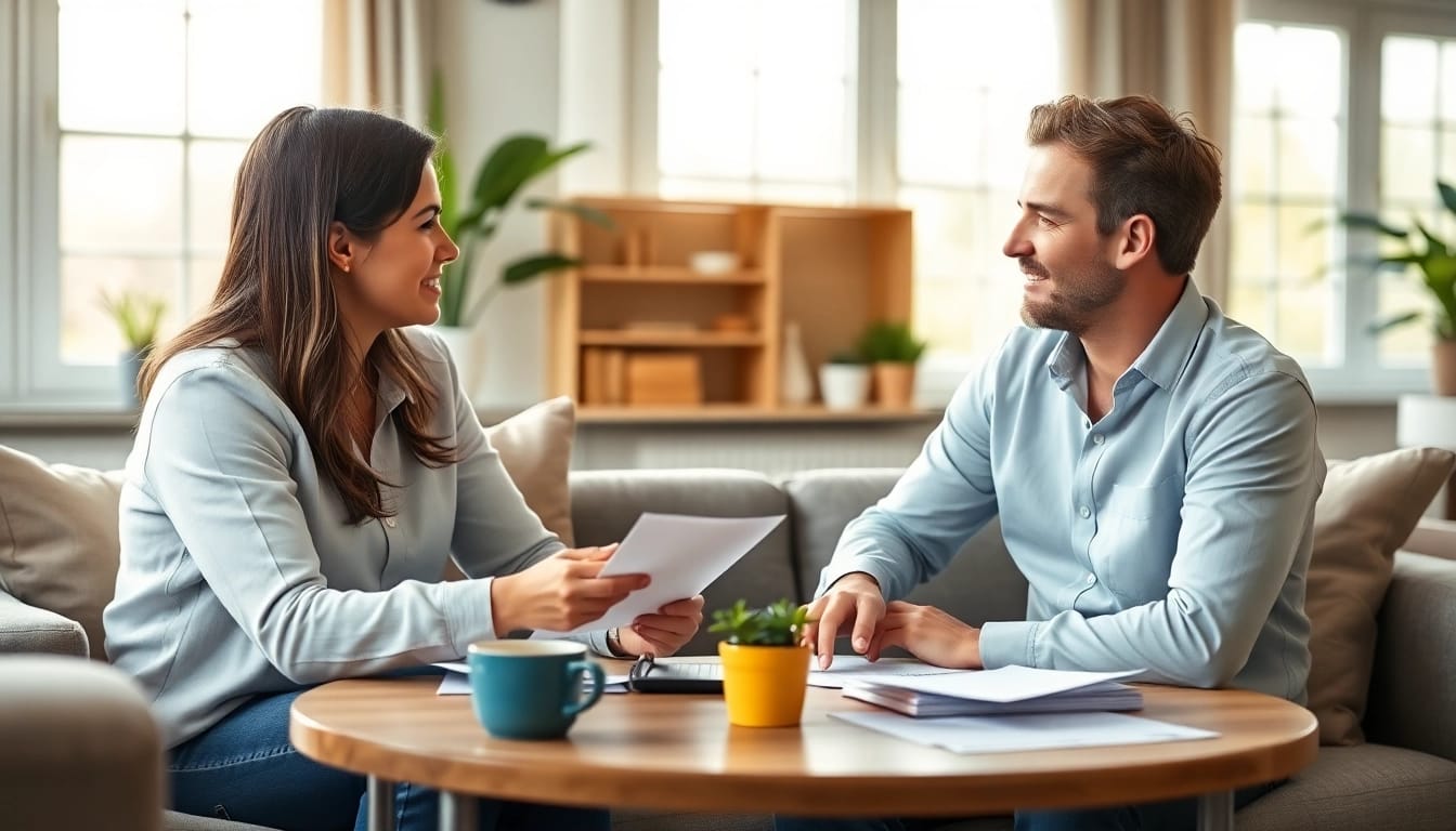 Hausverkauf bei Scheidung: Professionelles Paar bespricht den Verkauf ihres Hauses in einem modernen Wohnzimmer.
