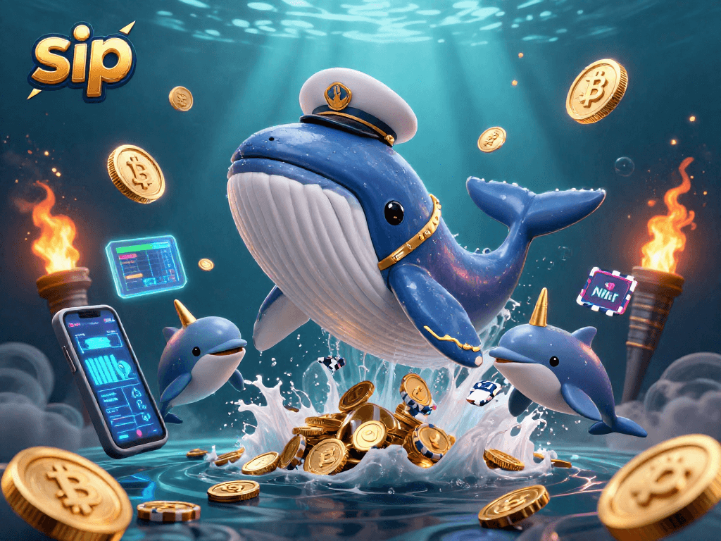 Sip into the excitement of crypto gambling with a whale mascot, dolphins, and NFT coins.