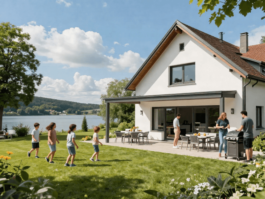Immobilien Starnberg: Moderne Immobilie mit Familie im Garten und Blick auf den See.