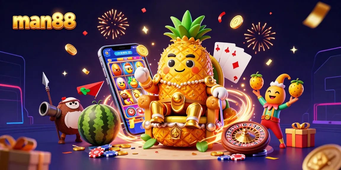 Immerse in gaming fun with man88, featuring a vibrant 3D scene of a pineapple king surrounded by casino elements.