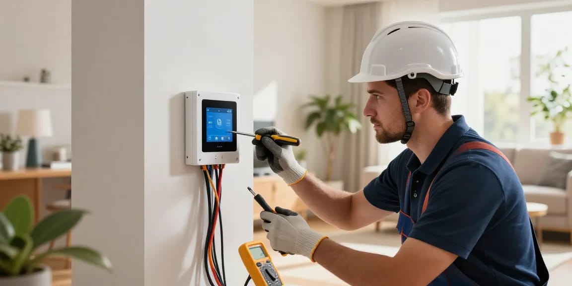 EB Elektrotechnik Dortmund Elektriker installiert moderne Smart-Home-Technologie in einem hellen und einladenden Wohnzimmer.