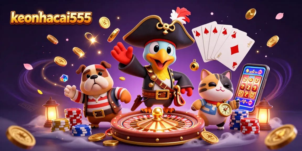 Join the adventure with keonhacai555 as colorful coins cascade around animated casino characters.
