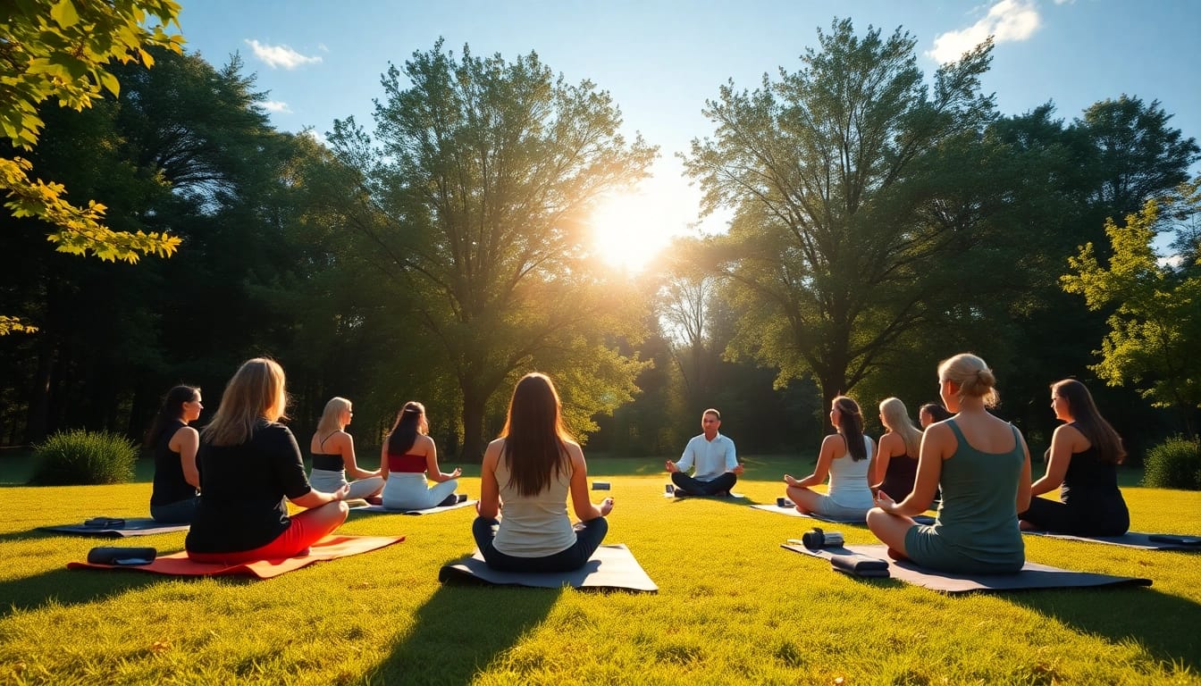 Spirituelle Seminare in der Natur mit Teilnehmern, die in Meditation vertieft sind.