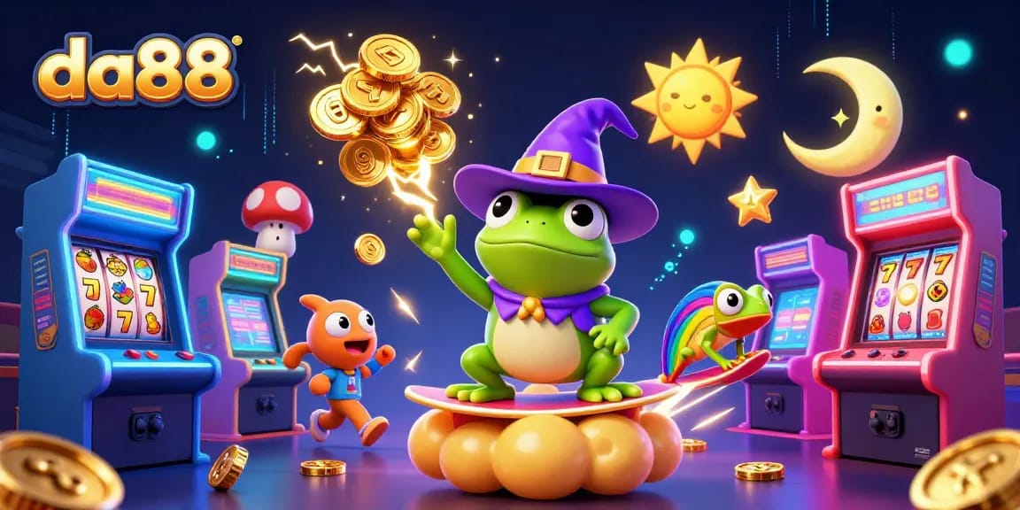 Spin and win with da88: A vibrant 3D fantasy casino scene featuring magical characters and game elements.