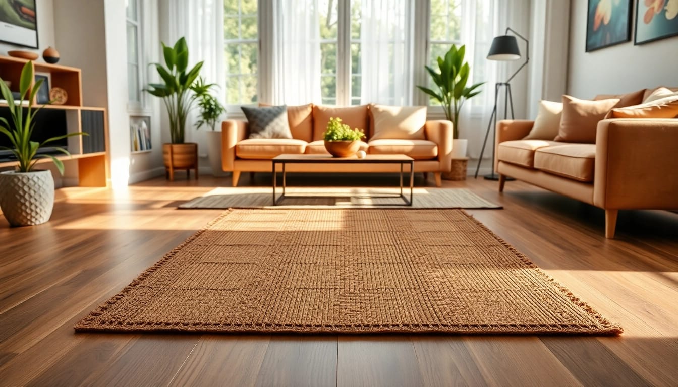 Nagermatte in einem stilvollen Wohnzimmer, das natürliche Materialien und warme Farben kombiniert.