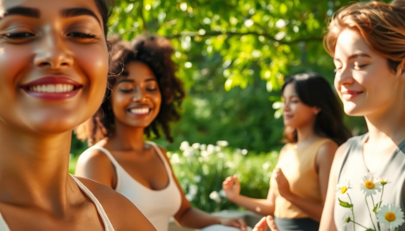 Individuals practicing mindfulness in nature, enhancing emotional wellbeing in a serene setting.