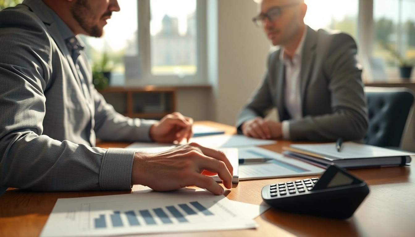 Finanzamt Schulden besprechen mit einem Finanzberater in einem Licht durchfluteten Büro.