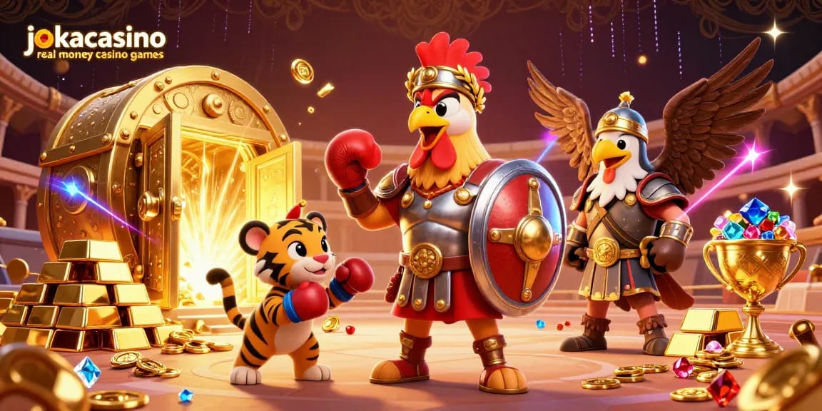 Engage with jokacasino real money casino games amidst a dynamic, vibrant 3D scene.