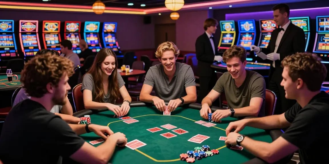Friends enjoying FAFA828 poker game in a vibrant casino atmosphere