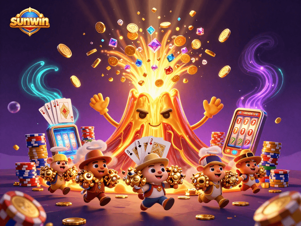 Enhance your chances with sunwin through a vibrant scene of a golden volcano erupting treasures.