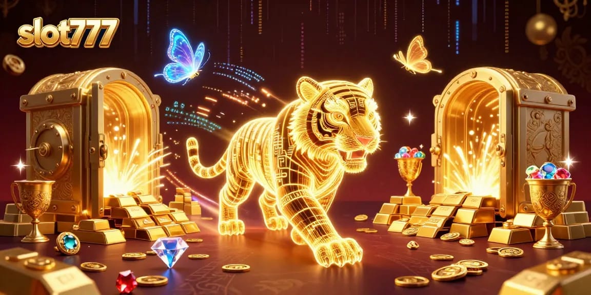 Experience the thrill of slot777 with a neon-wireframe tiger in a vibrant casino landscape.