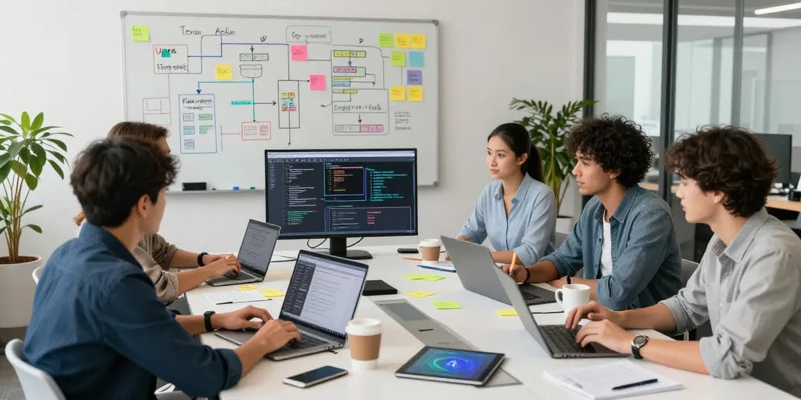 Team collaborating to build internal tools with AI in a modern office environment, showcasing teamwork and technology.