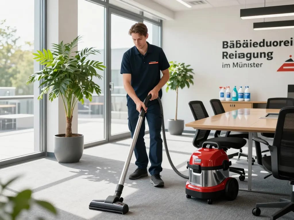 Sauberes Büro, das Gebäudereinigung im Raum Münster zeigt, mit professionellem Reinigungsservice in Aktion.