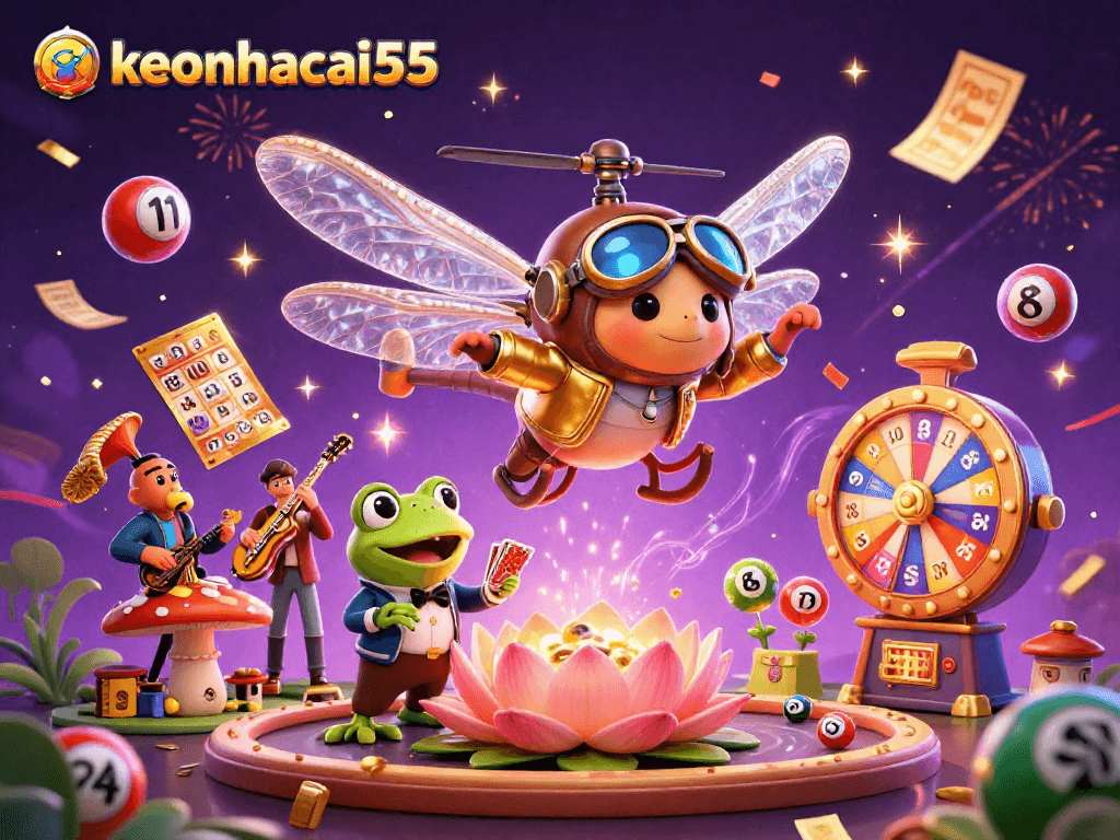 Join the excitement of keonhacai55 as the frog croupier deals cards amidst colorful lottery elements.