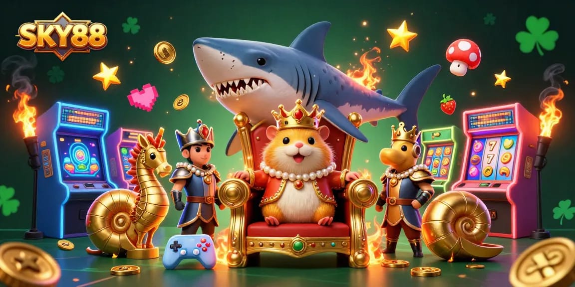 Experience the thrill of SKY88 with a vibrant 3D casino scene featuring a golden hamster king.