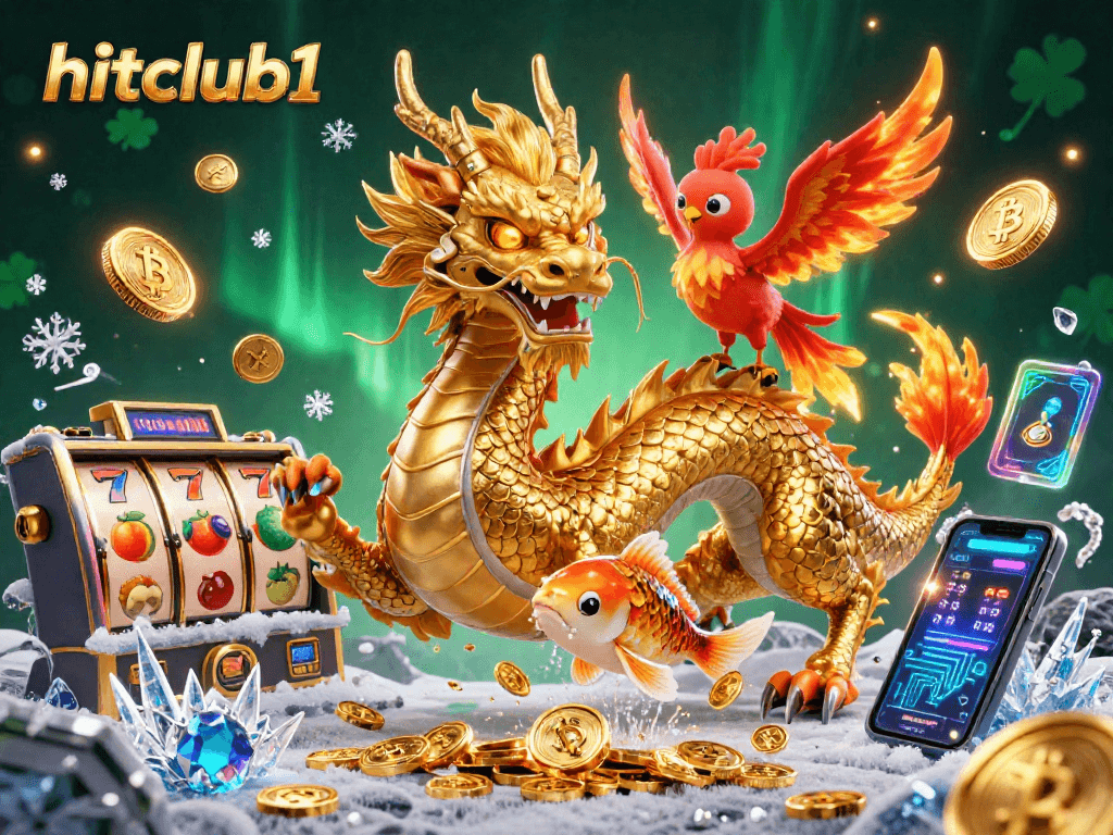 Join hitclub1 at the casino with golden dragon, phoenix, and koi fish showcasing crypto-themed gaming.