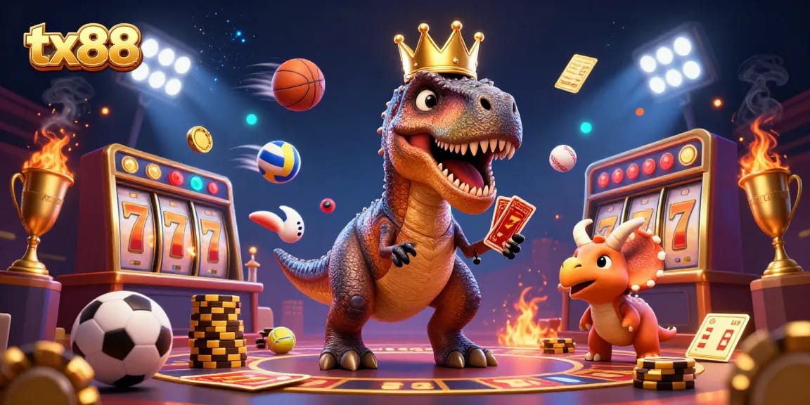 tx88 promotes excitement in slots with a T-Rex and friends engaging in games with gold chips and cards.